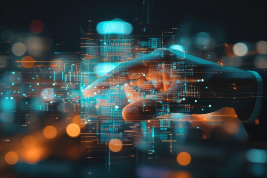 Businessman's hand interacting with digital interface in a city at night, displaying data and technology amidst a blurred urban background