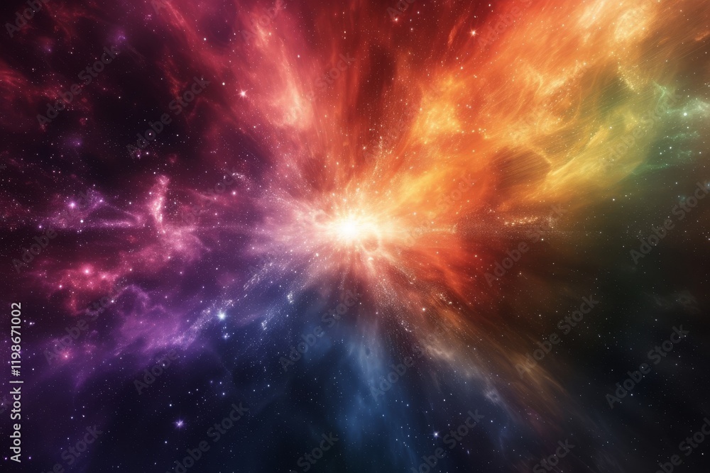 Poster a vibrant spectrum of colors converges in a cosmic cloud with sparkling stars, creating a stunning c