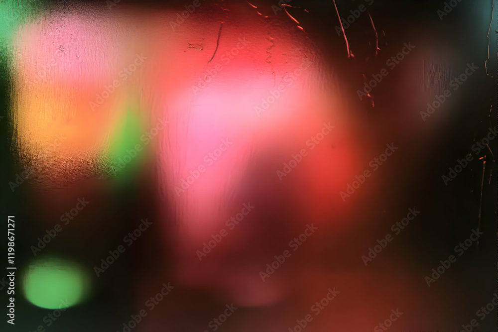 Poster blurred red and green lights shine through a wet window at night creating an abstract background