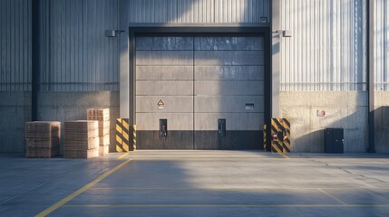 A large, closed metal roll-up door in a concrete warehouse.