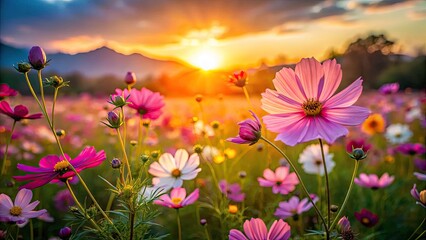 Fototapeta premium Spring Cosmos Sunset Bokeh Photography, Colorful Cosmos Flowers Field, Instagram Filter, Nature Background