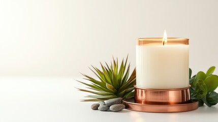 Lit candle, plants, stones, white background, spa