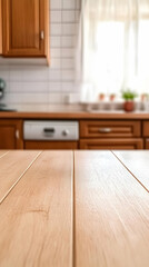 Empty Wooden Table Top with Blurred Kitchen Background Creates a Warm and Inviting Space for Culinary Creations.