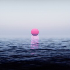 Surreal pink sun setting over tranquil ocean waters digital art minimalist aesthetic