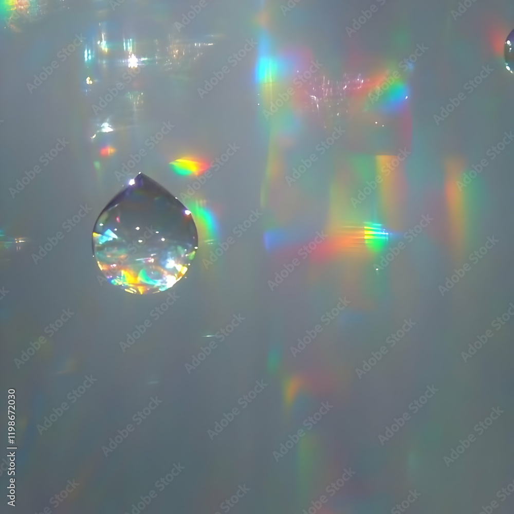 Poster iridescent light refracts through a drop of water creating a rainbow effect on a grey background