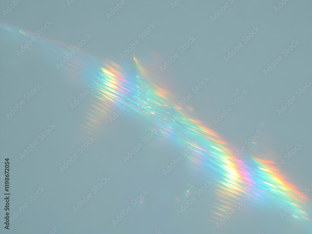 Poster iridescent light streak illuminates soft blue backdrop with subtle sparkle and shimmer.