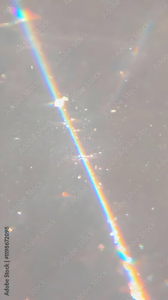 Poster rainbow light streaks diagonally across a soft gray background with sparkling particles gently scatt