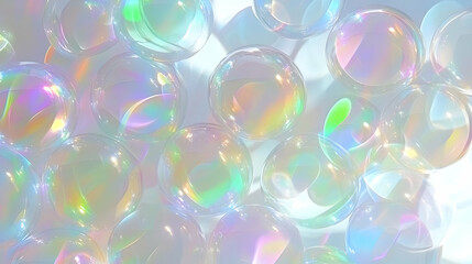Iridescent Soap Bubbles Cluster Together, Reflecting Rainbow Hues on a Soft White Background