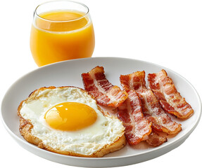 plate of bacons and egg with glass of orange juice 