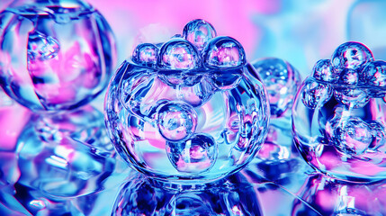 Translucent Spheres with Bubbles in Vibrant Hues on Reflective Surface
