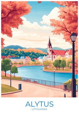 Alytus Lithuania Travel Poster Flat Illustration Print Decor Gift Canvas Wall Art Gift
