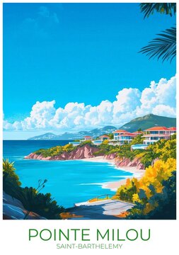 Pointe milou Saint-barthelemy Travel Poster Flat Illustration Print Decor Gift Canvas Wall Art Gift