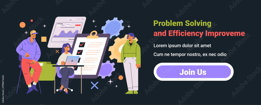 Poster business team problem solving efficiency improvement teamwork collaboration charts checklist gears d
