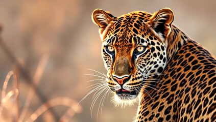 Fototapeta premium Majestic leopard portrait on Savanna with a blurred background. Powerful wildlife photography.
