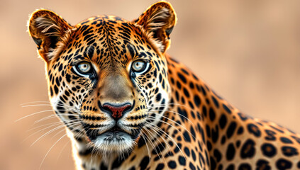 Obraz premium Majestic leopard portrait on Savanna with a blurred background. Powerful wildlife photography.