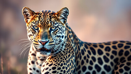 Obraz premium Majestic leopard portrait on Savanna with a blurred background. Powerful wildlife photography.