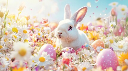 Adorable White Bunny Surrounded by Colorful Easter Eggs and Spring Flowers