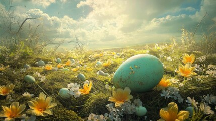 Enchanted Spring Meadow with Speckled Easter Eggs