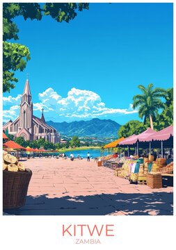 Kitwe Zambia Travel Poster Flat Illustration Print Decor Gift Canvas Wall Art Gift