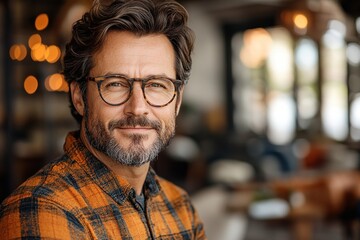 Fototapeta premium A smiling man in a plaid shirt poses warmly in a cozy caf? setting.