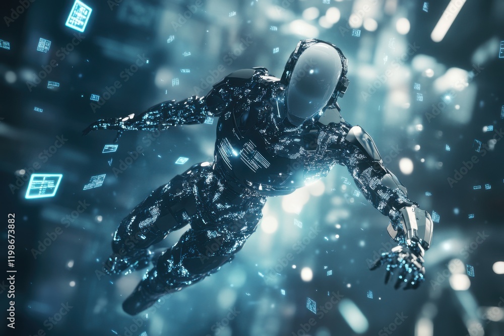 Poster sleek robotic figure surrounded by floating digital icons in automation