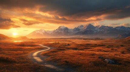Fototapeta premium Sunset over autumnal valley, winding road, mountains
