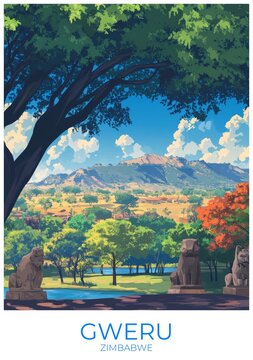 Gweru Zimbabwe Travel Poster Flat Illustration Print Decor Gift Canvas Wall Art Gift