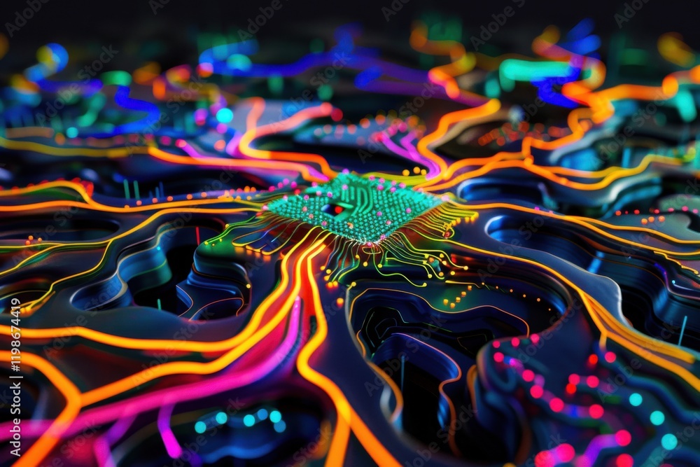 Poster neon ai brain with glowing chip and vibrant neural pathways on dark background