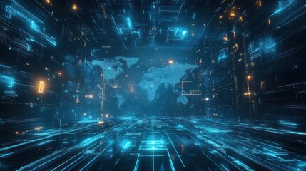 Futuristic world map with glowing blue lines.
