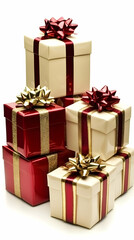 Obraz premium Stacked Gift Boxes with Ribbons and Bows Elegantly Arranged on White Background