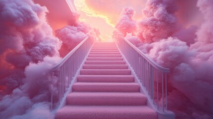 Fototapeta premium Pink stairway ascending through fluffy clouds.