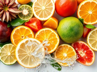 Fresh oranges and limes slices falling into clear water creating a vibrant splash, water splash, energizing