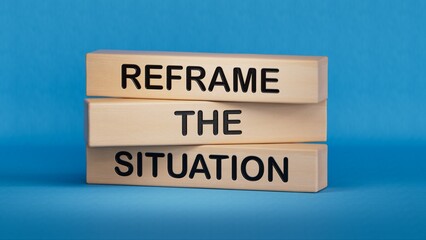 Reframe the situation symbol. Concept words Reframe the situation on wooden blocks. Business concept. Wooden cube blocks. Copy space.3D rendering on blue background.