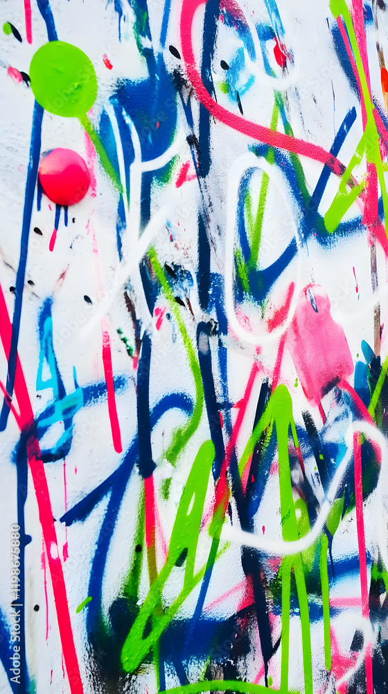 Poster Abstract Graffiti Art Explodes with Vibrant Colors and Dynamic Lines on a Textured Wall.