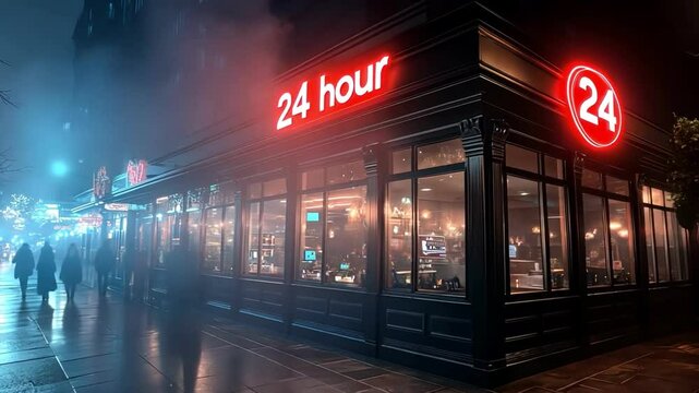 A vibrant 24-hour diner glowing at night, inviting patrons for late-night meals.
