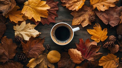 A Cup of Coffee Surrounded by Autumn Leaves and Pine Cones