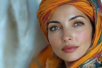 A close-up portrait of a woman wearing a colorful headscarf, showcasing her features and expression.