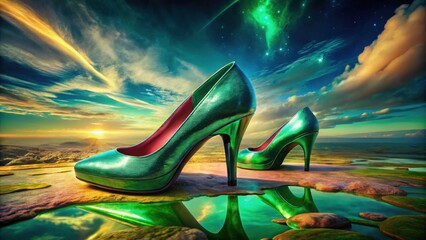 Surreal Green High Heels: Dreamy Fashion Photography, Shiny Emerald Shoes,  Fantasy Footwear,  Surrealist Art,  High Heels, Green Shoes