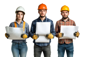 Male and female engineers stand holding construction drawings isolated on transparent background.