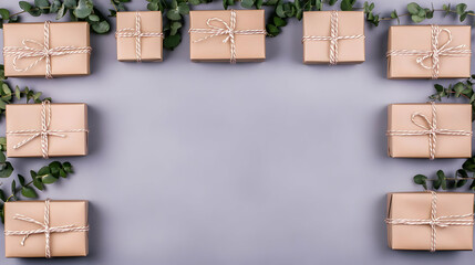 Gift Boxes and Eucalyptus Branches Create a Frame on a Gray Background Perfectly.