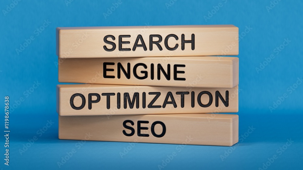 Aufkleber seo search engine optimization text wooden cube blocks. idea, vision, strategy, analysis, keyword an