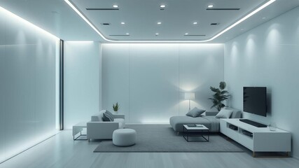 Futuristic smart home living room with AI integrated technology, daily living, technology