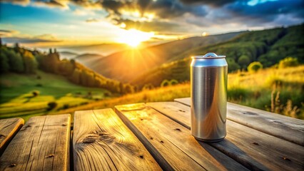 Panoramic View of a 300ml Aluminum Beverage Can on a Rustic Wooden Table
