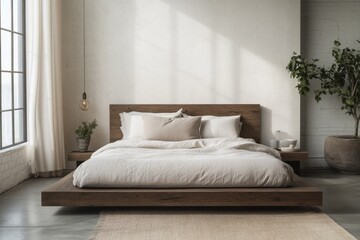 Minimalist bedroom design with industrial-modern elements and natural light