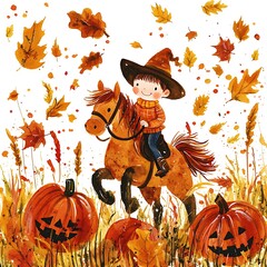 Fototapeta premium A cheerful child riding a horse through a field of autumn pumpkins and falling leaves.