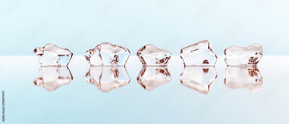 Poster ice movement iceberg concept. five ice cubes on a reflective surface with a light background.