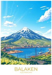 Fototapeta premium Balaken Azerbaijan Travel Poster Flat Illustration Print Decor Gift Canvas Wall Art Gift