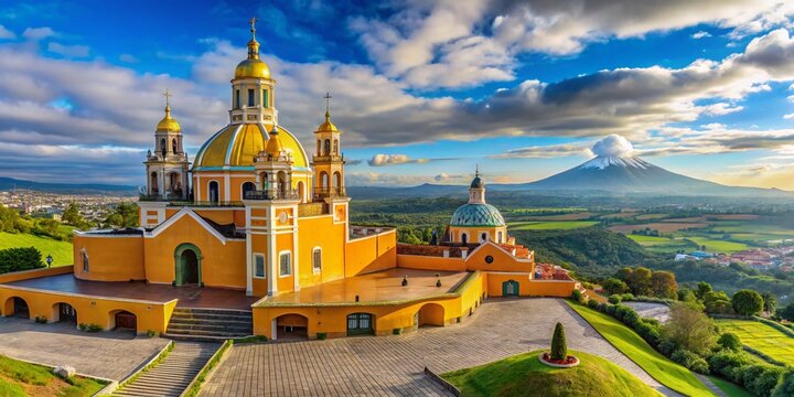Panoramic View of Cholula's Iglesia de los Remedios and Great Pyramid of Cholula, Puebla, Mexico