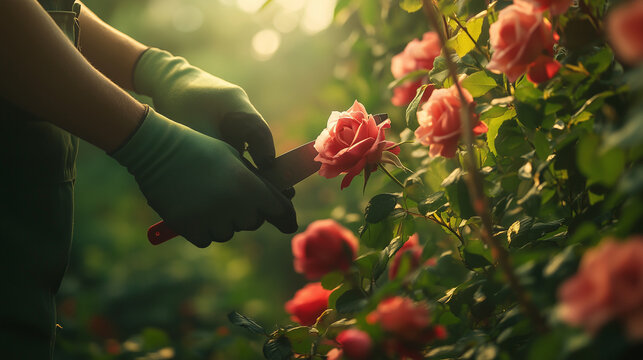 A gardener carefully pruning a pink rose bush under soft sunlight