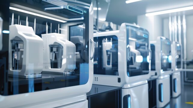 A modern industrial additive manufacturing facility with 3D printers creating customized prosthetics and medical devices for healthcare applications, Additive manufacturing facility scene
